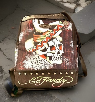 Ed Hardy NWT Mi Vida Loca Skulls Tattoo Studs Goth Y2K Black Large Backpack