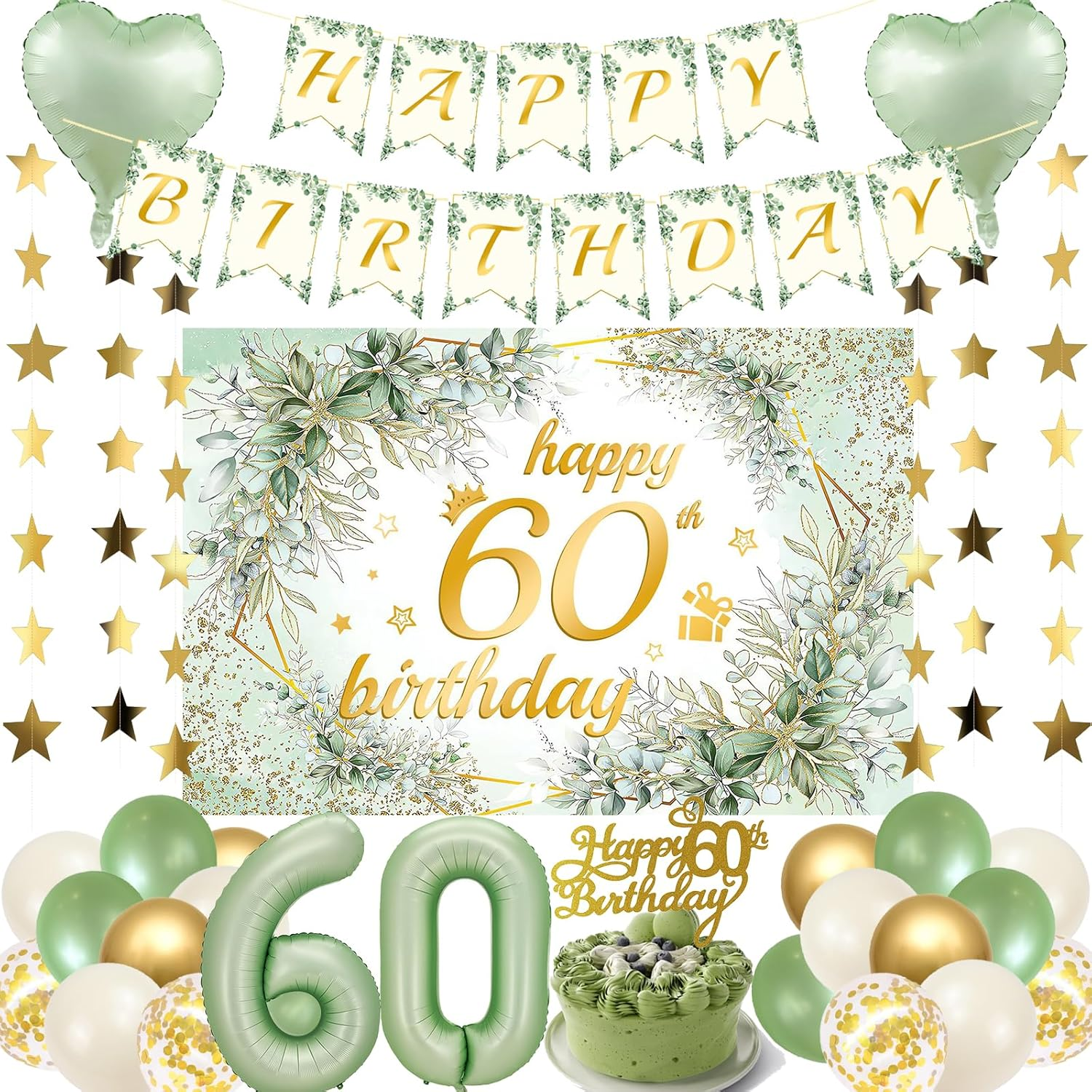60Th Birthday Decorations Women Banner - 21 Pcs Sage Green Happy Birthday Banner