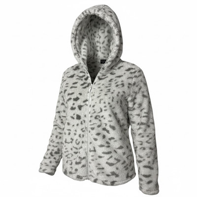 Real Essentials Women's Gray White fuzzy Zip-Up Hooded Leopard Print Jacket, M