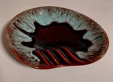 Vintage 1960s Brown Aqua Drip Glaze Ashtray,  MCM