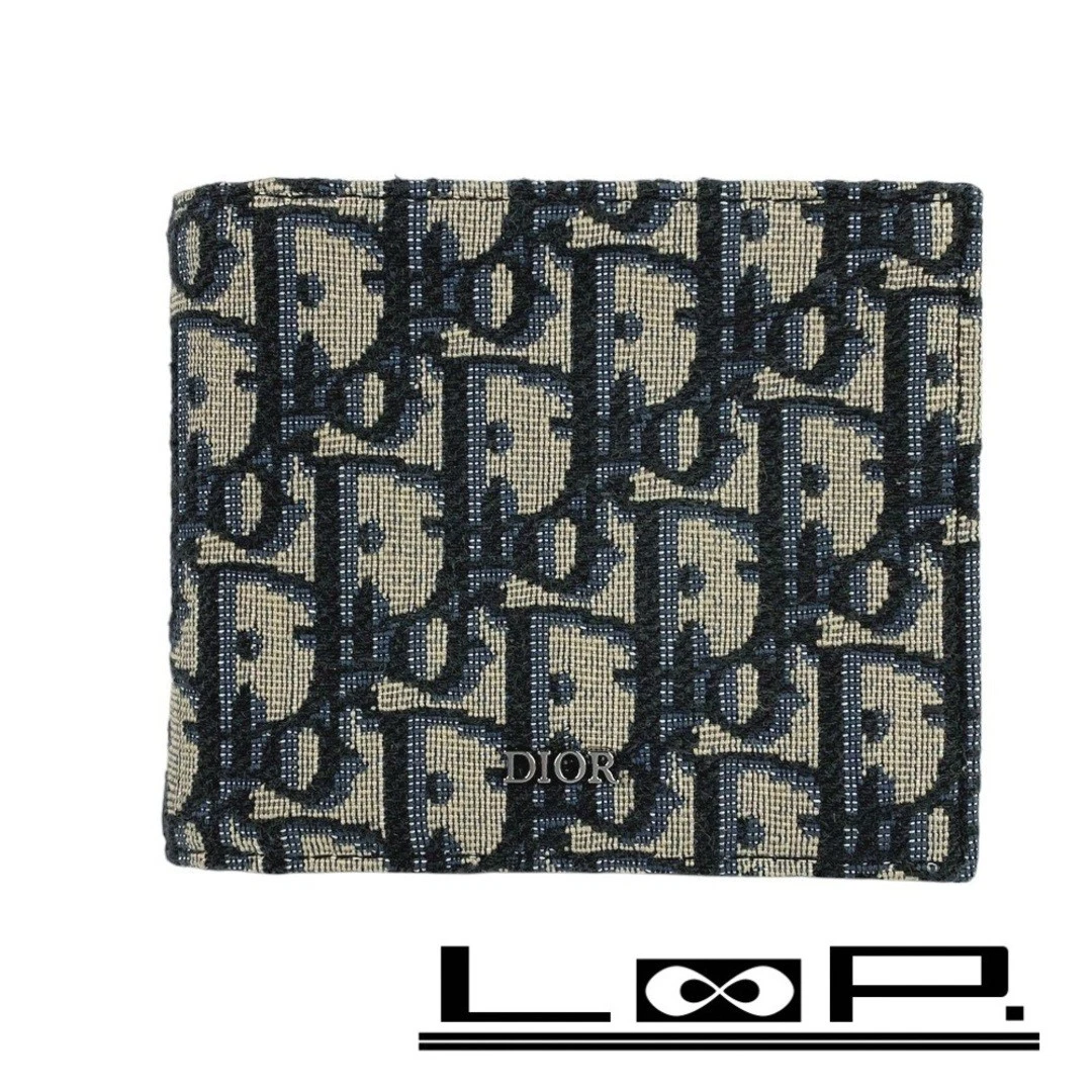 Portefeuille Dior oblique bi pli toile cuir marine 18 BO 0263 boîte 8 occasion LOOP 0