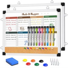Weekly Dry Erase Board and Cork Board Combo for Wall, 17"x13" Reversible Hang...