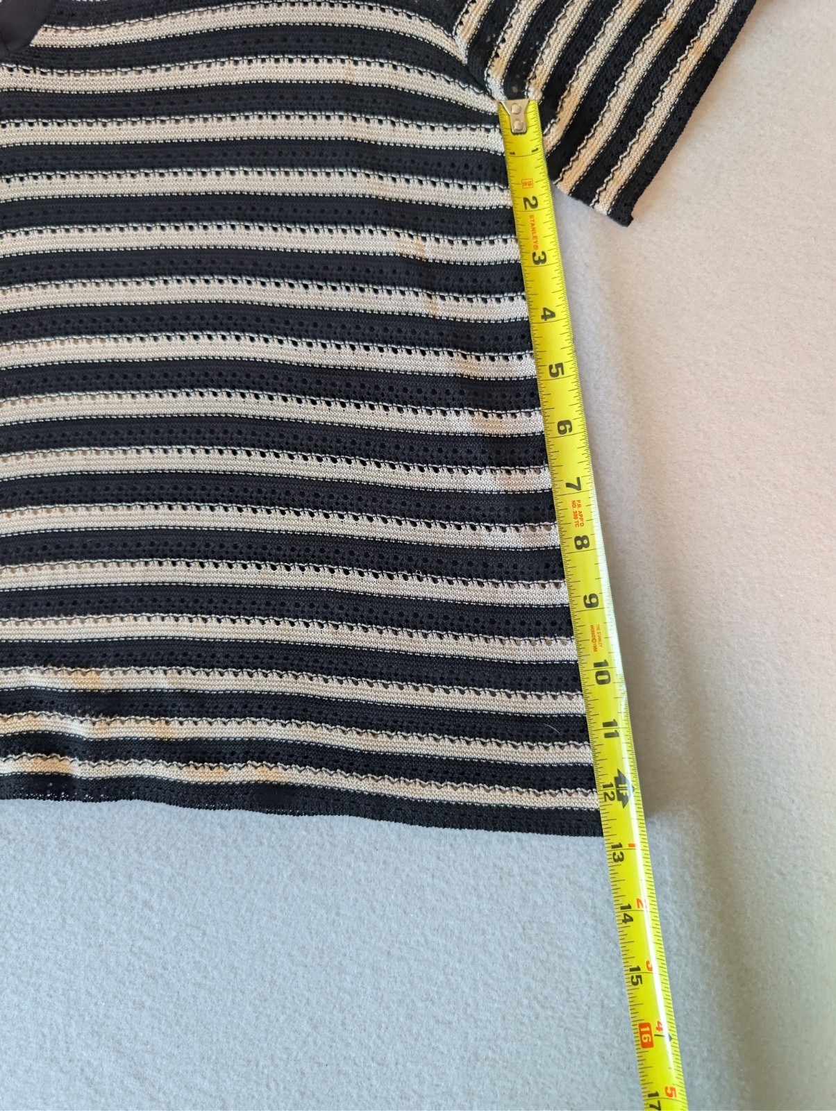 Women's Black Cream Textured Stripe Sweater Polo Open Knit Crochet Top Minimal image 7