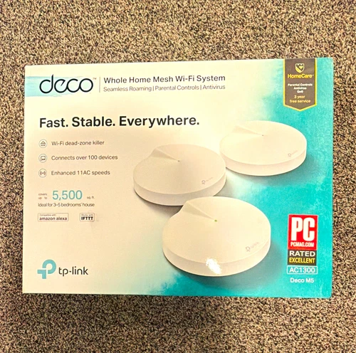 TP-LINK Deco M5 AC1300 1300 Mbps Mesh Wi-Fi Router System 3-Pack White - product listing photo