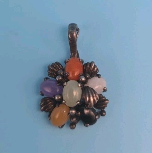 Vintage Jadeite Jade Multi-Color Sterling Silver Pendant Signed EA