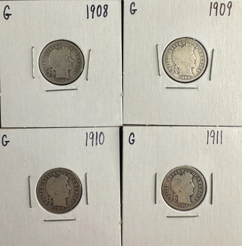 Lot of 4 Barber Dimes – 1908, 1909, 1910, 1911 – 90% Silver U.S. Coins
