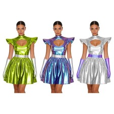 Women Costume Spaced Dress Shoulder Set Cutout Cosplay Astronaut Dress Up Suit
