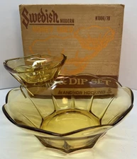 MCM Anchor Hocking Swedish Modern Honey Gold Glass Chip & Dip Set w/Box Vintage