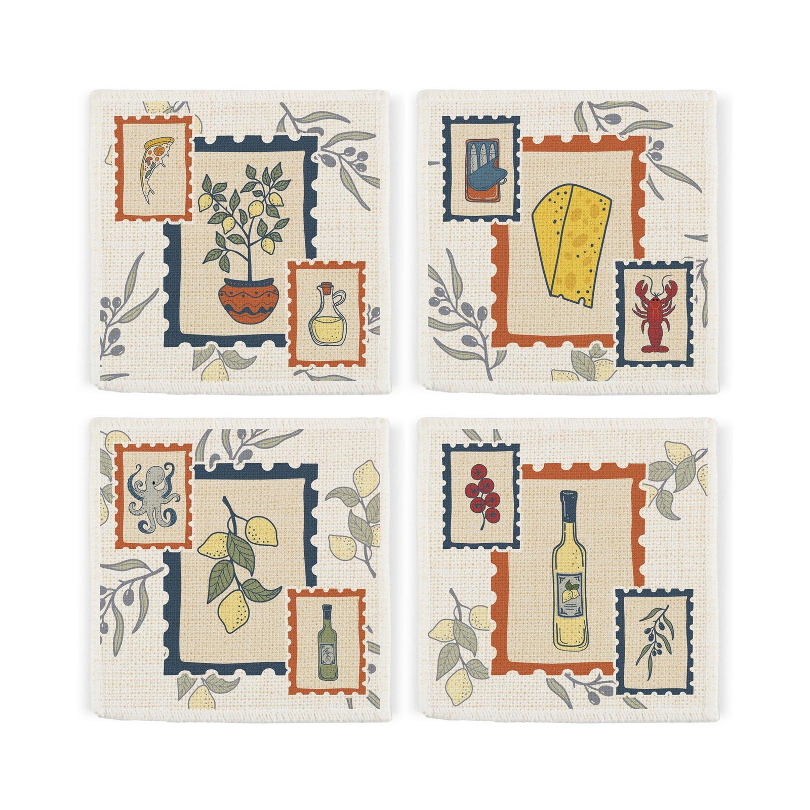 Retro Foods Fabric Coaster Set - Italian Cuisines Coasters Gift - Set of 4