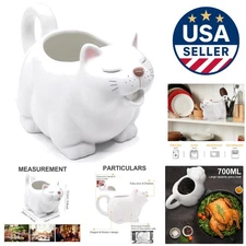 Ceramic Gravy Boat, 23oz Cute Cat Sauce Jug with Smooth Handle - White