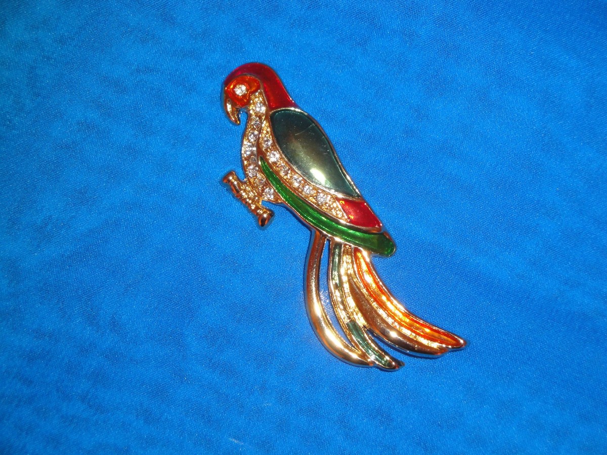 Spilla vintage con pappagallo in smalto ricco e cristallo - Italia