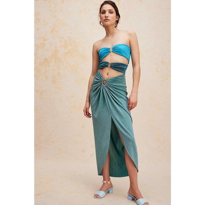 Baobab Isla Dress 2-piece Maxi Skirt Set Natal Blue Strapless Cutout Ring Sz M