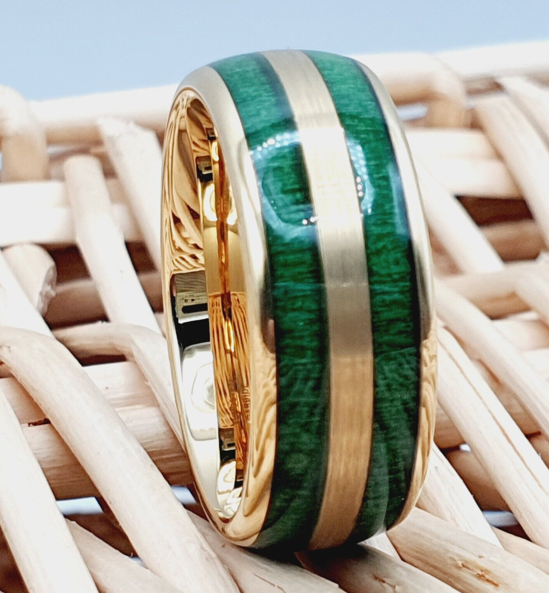 Unique Men's Wooden Wedding Band Jade Wood Gold Tungsten