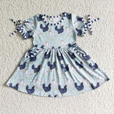 Girls Short Sleeve Pocket Twirl Dress Chicken Print 