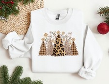 Christmas Sweatshirt, Leopard Pattern Christmas Trees Hoodie, New Year Gift