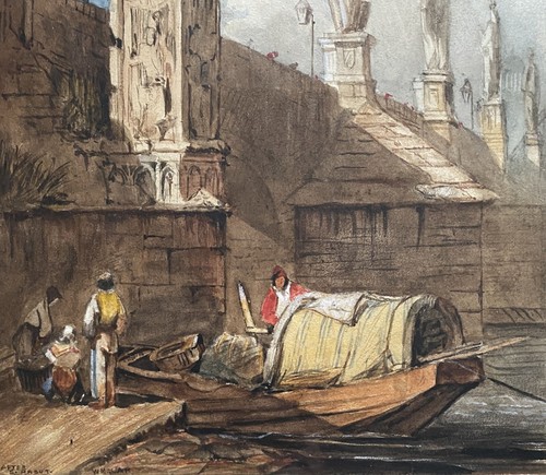 Después de Samuel Prout OWS (1783-1852) La plaza de la ciudad, acuarela original de Praga - Imagen 4 de 14