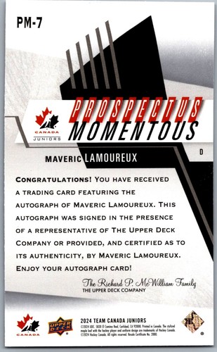2024 UD TEAM CANADA PROSPECTUS TRASCENDENTAL AUTO - MAVERIC LAMOUREUX /15 #PM-7 - Imagen 2 de 2