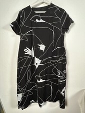 Womens Black & White Abstract Graphic Short Sleeve Midi Dress Pockets Casual