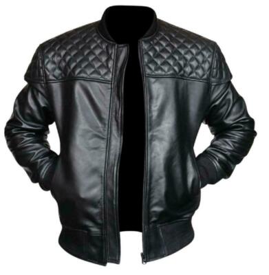 Men's Genuine Lambskin Leather Black Bomber Jacket Quilted Biker Design Jacket