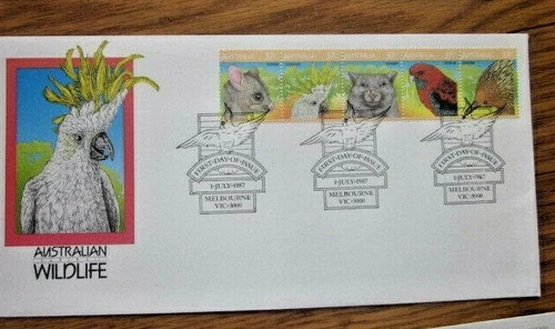 AUSTRALIA WILDLIFE POSSUM COCKATOO WOMBAT ROSELLA ECHIDNA 5 STAMP SET 1987 FDC
