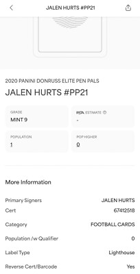 Carte PSA 9 Auto 10 – Jalen Hurts 2020 Elite Pen Pals Rookie Autograph – POP 1 – Eagles