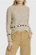 230 Polo RALPH LAUREN Womens LARGE Linen SILK Sweater ARAN CABLE KNIT Tan Brown