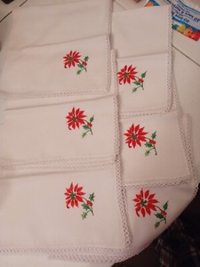 Set Of 6 Embroidered Poinsettia Napkins With Crocheted Edges