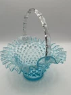 VNTG Fenton Baby Blue Opalescent 7” Hobnail Basket w/ Clear Handle FREE SHIPPING