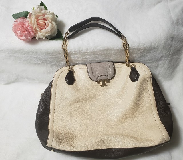 Tory Burch Gold Chain Link Leather Handbag Bone & Chocolate Brown