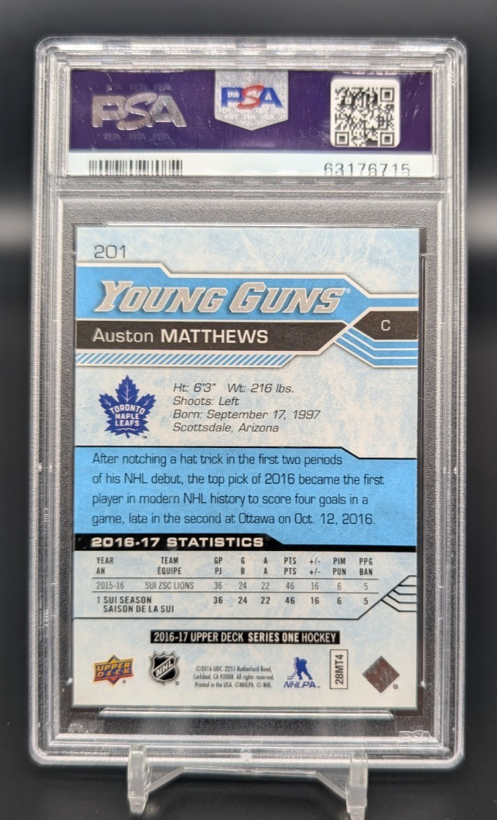 2016 Upper Deck - AUSTON MATTHEWS - #201 Young Guns On-Card AUTO PSA 10 GEM MT! view 2