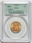 1908 GOLD US $5 LIBERTY HEAD HALF EAGLE COIN GREEN LABEL PCGS MINT STATE 63 PQ