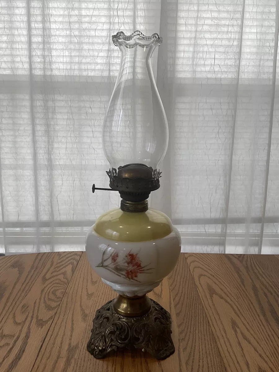 ANTIQUE 19th CENTURY MILK GLASS AND BRASS OIL LAMP WITH HAND