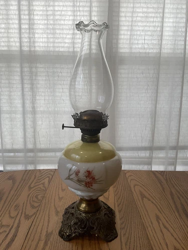 ANTIQUE 19th CENTURY MILK GLASS AND BRASS OIL LAMP WITH HAND PAINTED FLOWERS