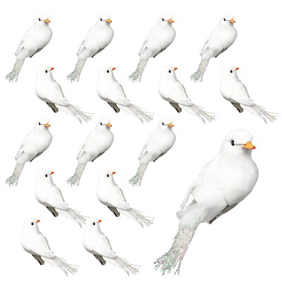 White Dove Feathered Christmas Tree Ornaments - 16 Clip On Turtle Doves - #3635