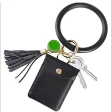 Keychain Bracelet Keyring And Card Wallet Black Leather Tassel and Charm