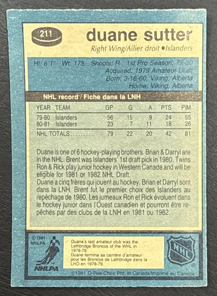 1981-82 O-Pee-Chee OPC Hockey - #211 Duane Sutter RC - New York Islanders - Image 2 of 2