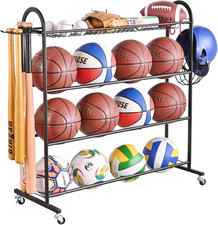 Basketball Rack, Rolling Ball Storage with Baseball Bat Holder and Hooks, Sports