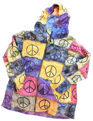 Nepalian multicolor Peace zip up jacket with hood, pockets Medium, 80's vibe,