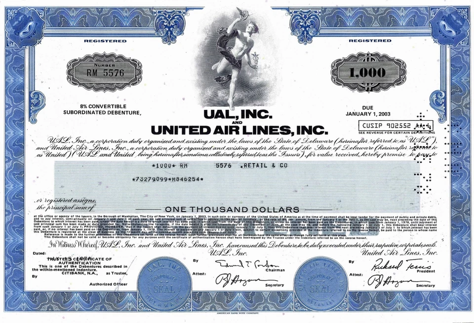 UAL Inc & United Air Lines Inc. 1978,  8% Debenture due 2003 (1.000 $) Goldman S - Bild 1 von 1