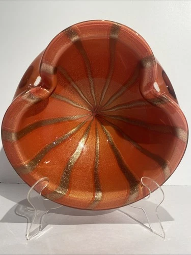 Vintage Murano Alfredo Barbini Orange with Gold  Stripes Art Glass Bowl Ashtray