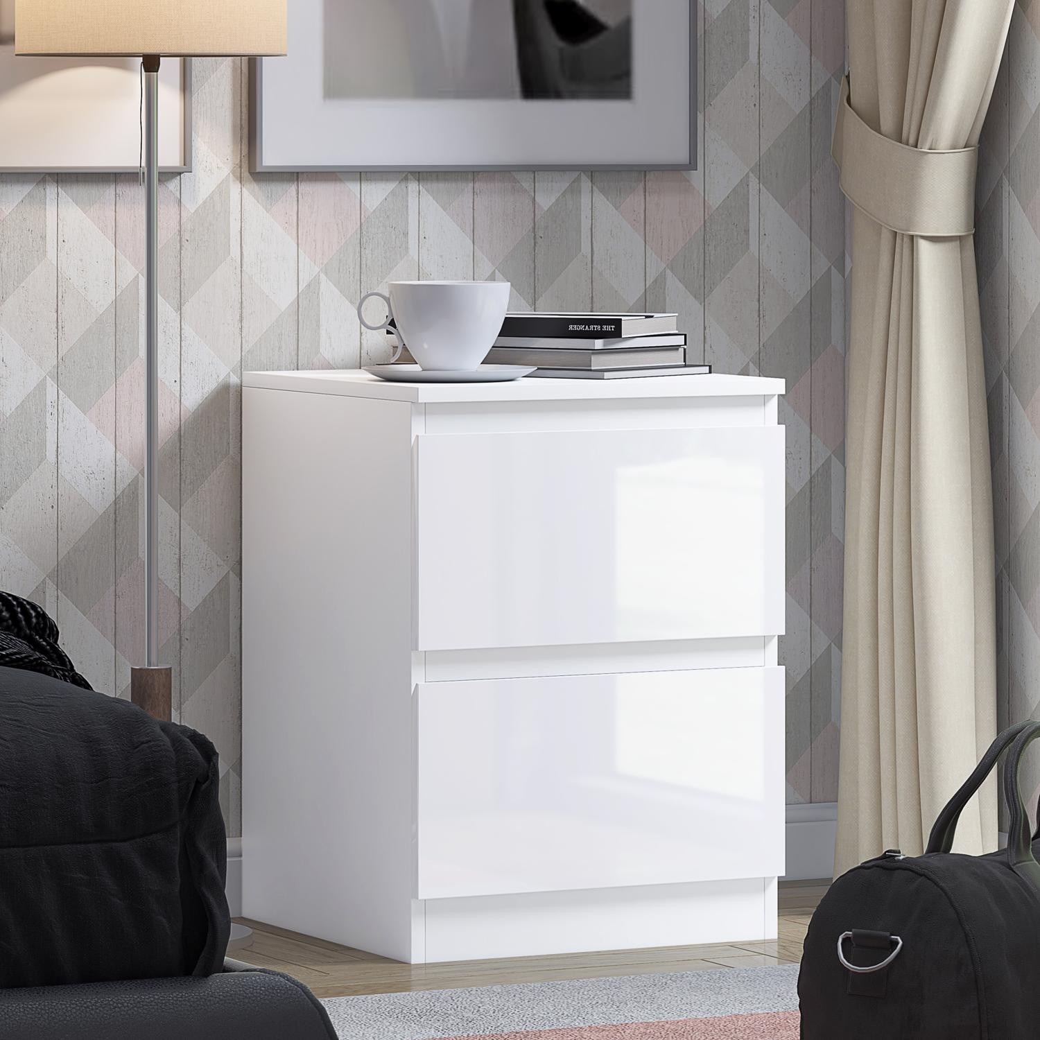 2 Drawer Bedside Mordern Bedroom Furniture Handleless Design White Gloss