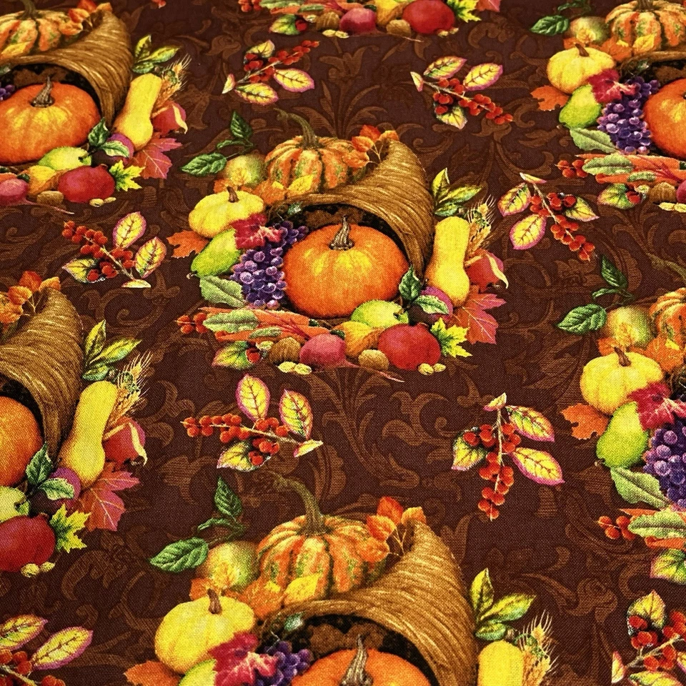 Fall Fabric Autumn Harvest Cornucopia Wreath on Brown Cotton Fabric 55”x49” - Image 2 of 4