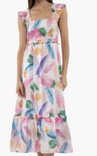 Womens M Multicolor Abstract Chiffon Midi Sundress Square Neck Smocked Ruffle