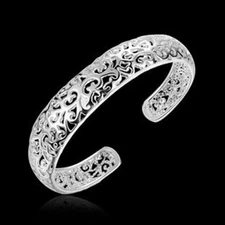 Womens 925 Sterling Silver Plated Hollow Flower Cuff Open Bangle Bracelet #BR336
