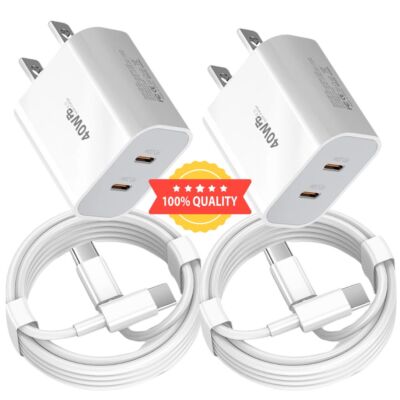 40W Dual USB-C Fast Charger Block For iPhone 15 16E 17 Air Pro Max Type-C Cable