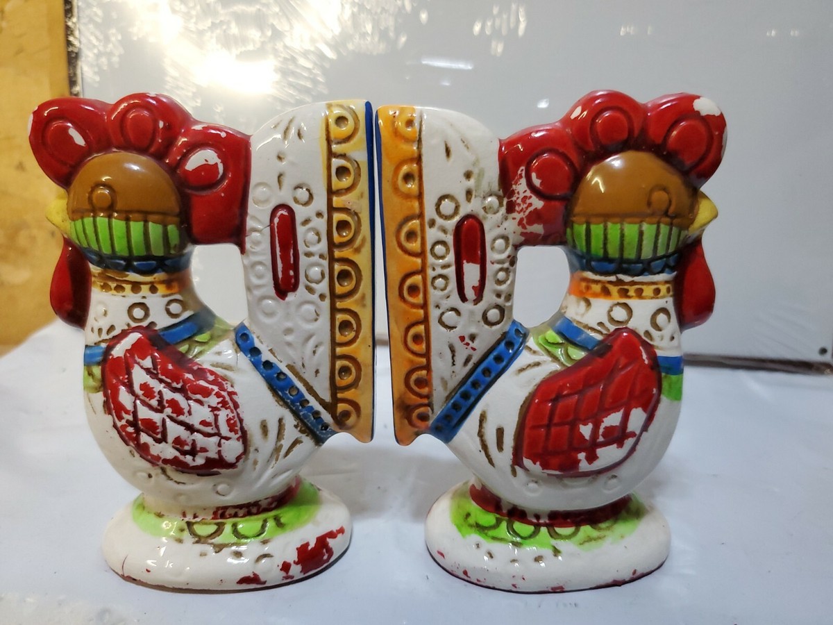 Vintage Ceramic Colorful Rooster Salt & Pepper Shakers Lego Japan