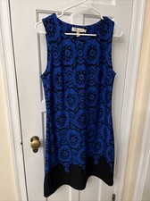 Axyeh Womens Blue Black Floral Print Sheath  Career Dress Knee Length M