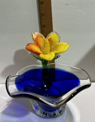 Candy Dish Blown Art Glass Blue Bowl Yellow Red Tulip Diamond Cut Pad (B-72)