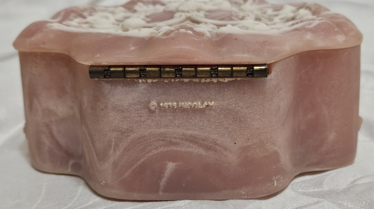 Vintage Genuine Incolay Stone Jewelry Trinket Box Cherubs