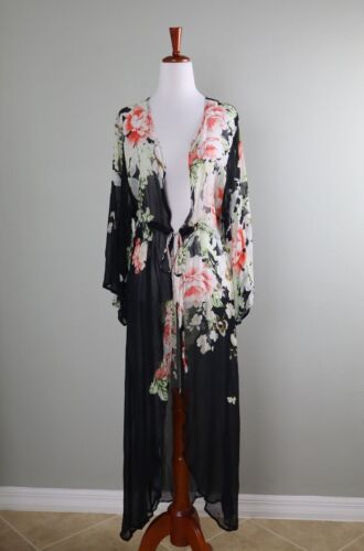 ANTHROPOLOGIE NWT $118 Floreat Floral Sheer Kimono Tie Front Jacket Top One Size